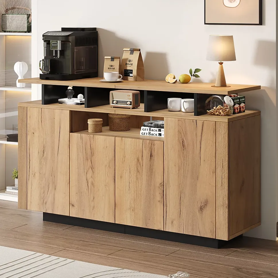 Buffet - Meuble de Rangement avec 4 Portes et 3 Étagères Ouvertes, Meuble d'Entrée - en Panneaux de Particules - Bois Naturel