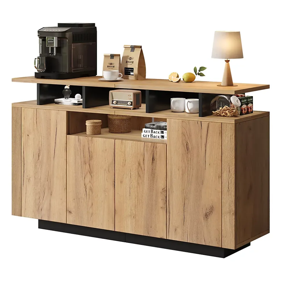 Buffet - Meuble de Rangement avec 4 Portes et 3 Étagères Ouvertes, Meuble d'Entrée - en Panneaux de Particules - Bois Naturel