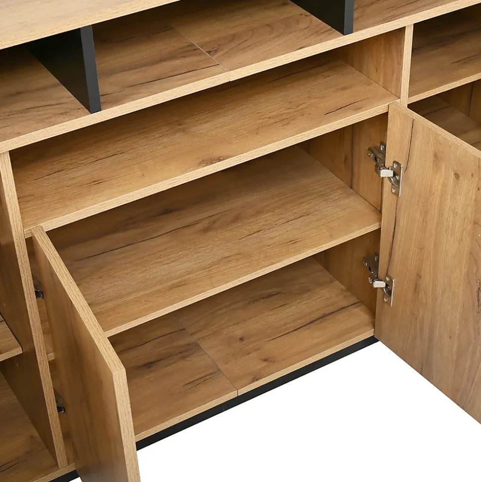 Buffet - Meuble de Rangement avec 4 Portes et 3 Étagères Ouvertes, Meuble d'Entrée - en Panneaux de Particules - Bois Naturel