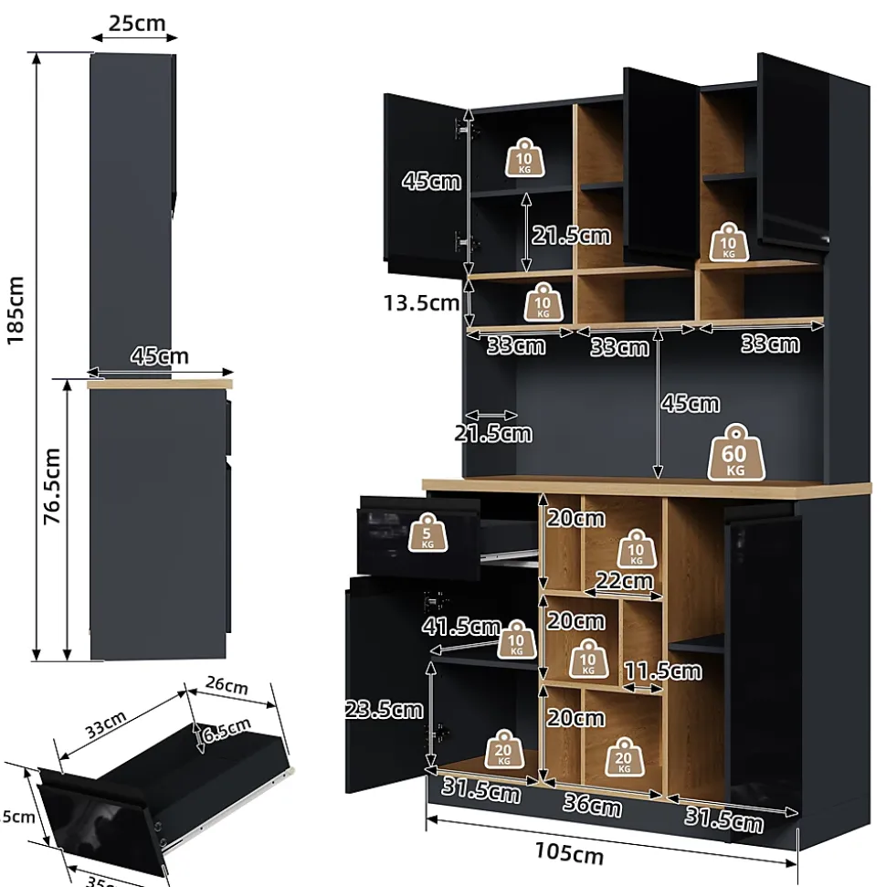 Buffet - Meuble d'Entrée Avec Tiroirs Et Portes, Étagères Réglables Et Niches Ouvertes, MDF - Gris Noir