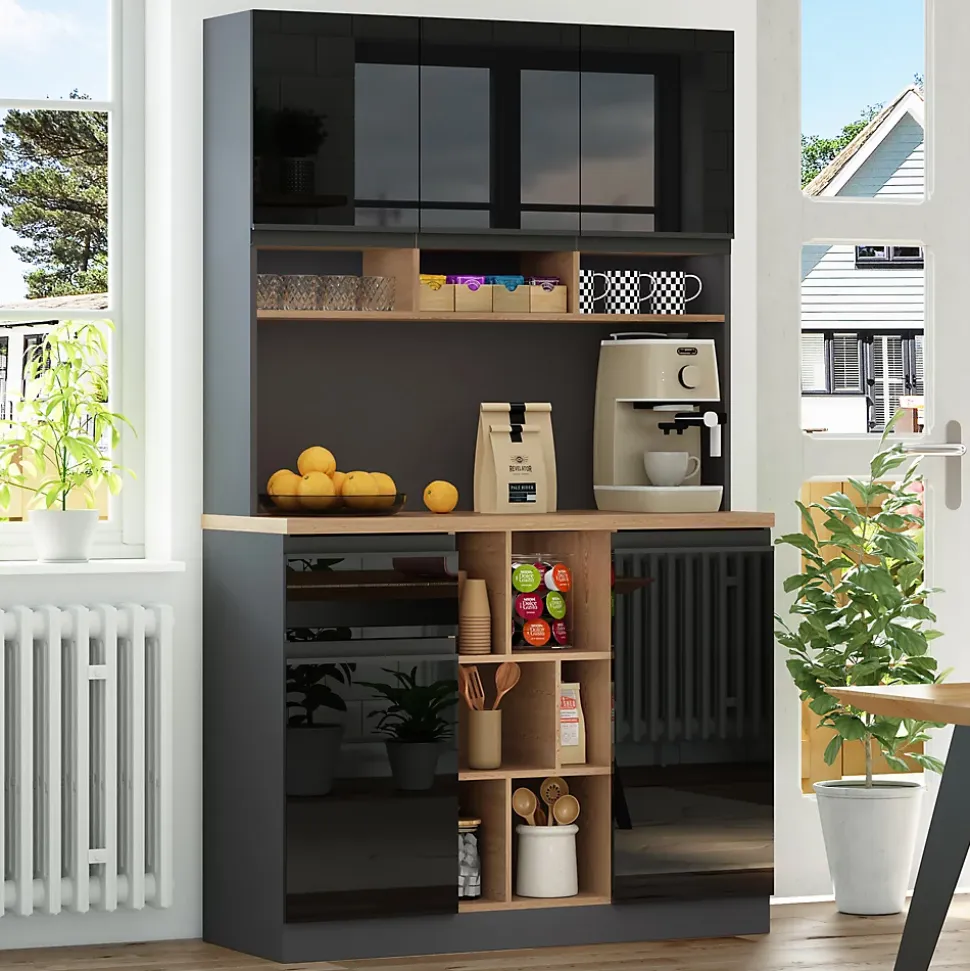 Buffet - Meuble d'Entrée Avec Tiroirs Et Portes, Étagères Réglables Et Niches Ouvertes, MDF - Gris Noir