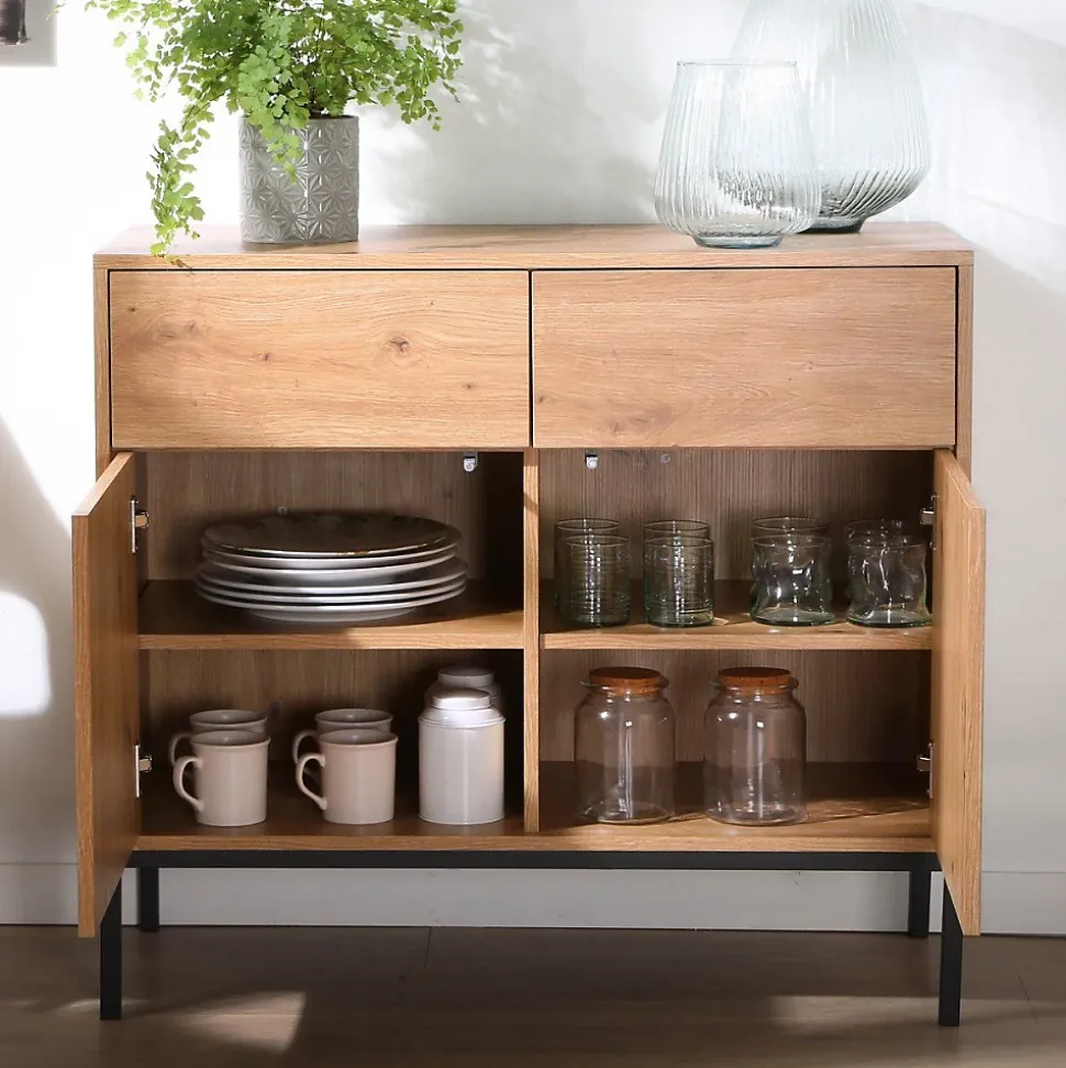 Buffet 2 Portes 2 Tiroirs Décor Chêne L90 x H80 cm - LENNY