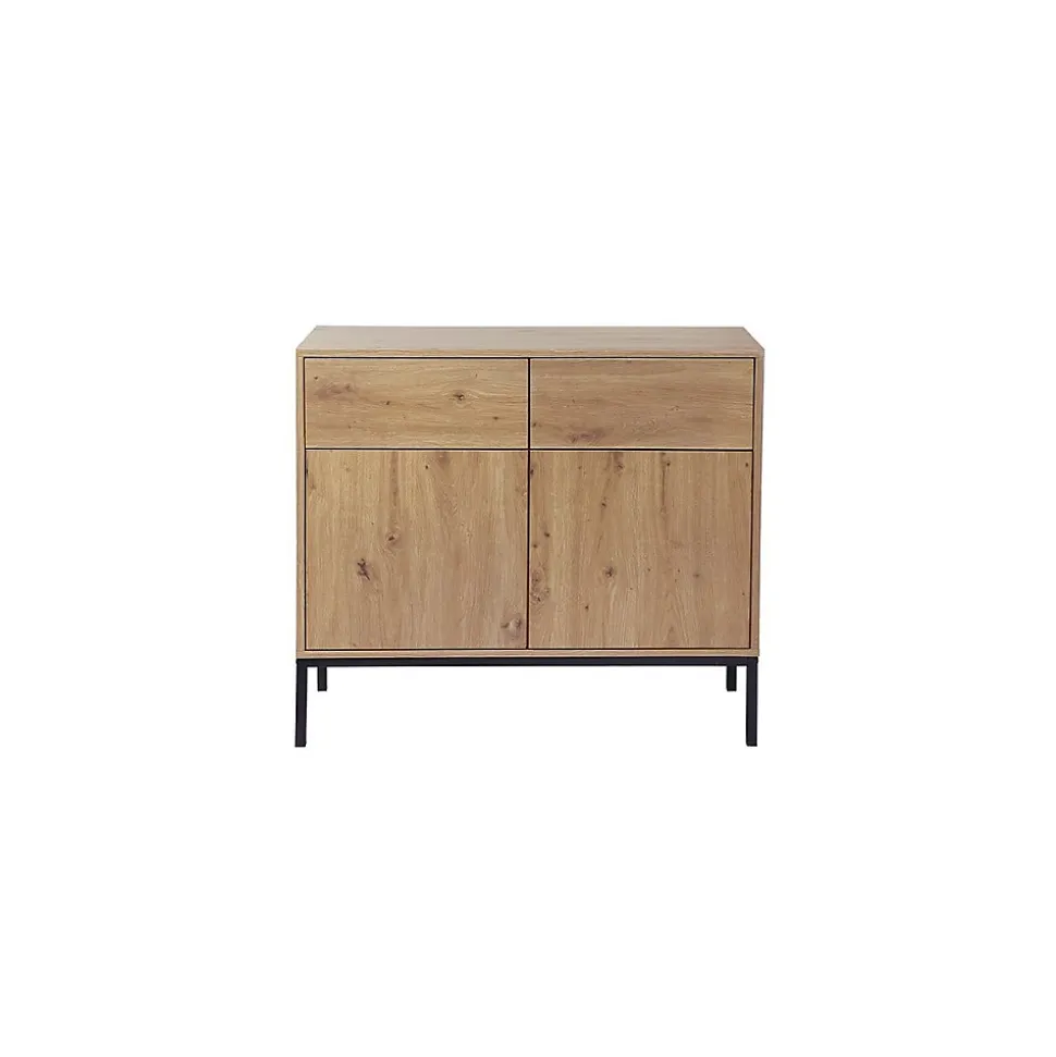 Buffet 2 Portes 2 Tiroirs Décor Chêne L90 x H80 cm - LENNY