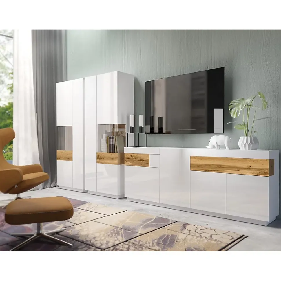 Buffet 3 portes 2 tiroirs KILES Blanc et chene Design moderne spacieux