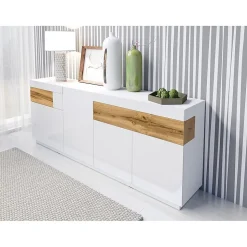 Buffet 3 portes 2 tiroirs KILES Blanc et chene Design moderne spacieux