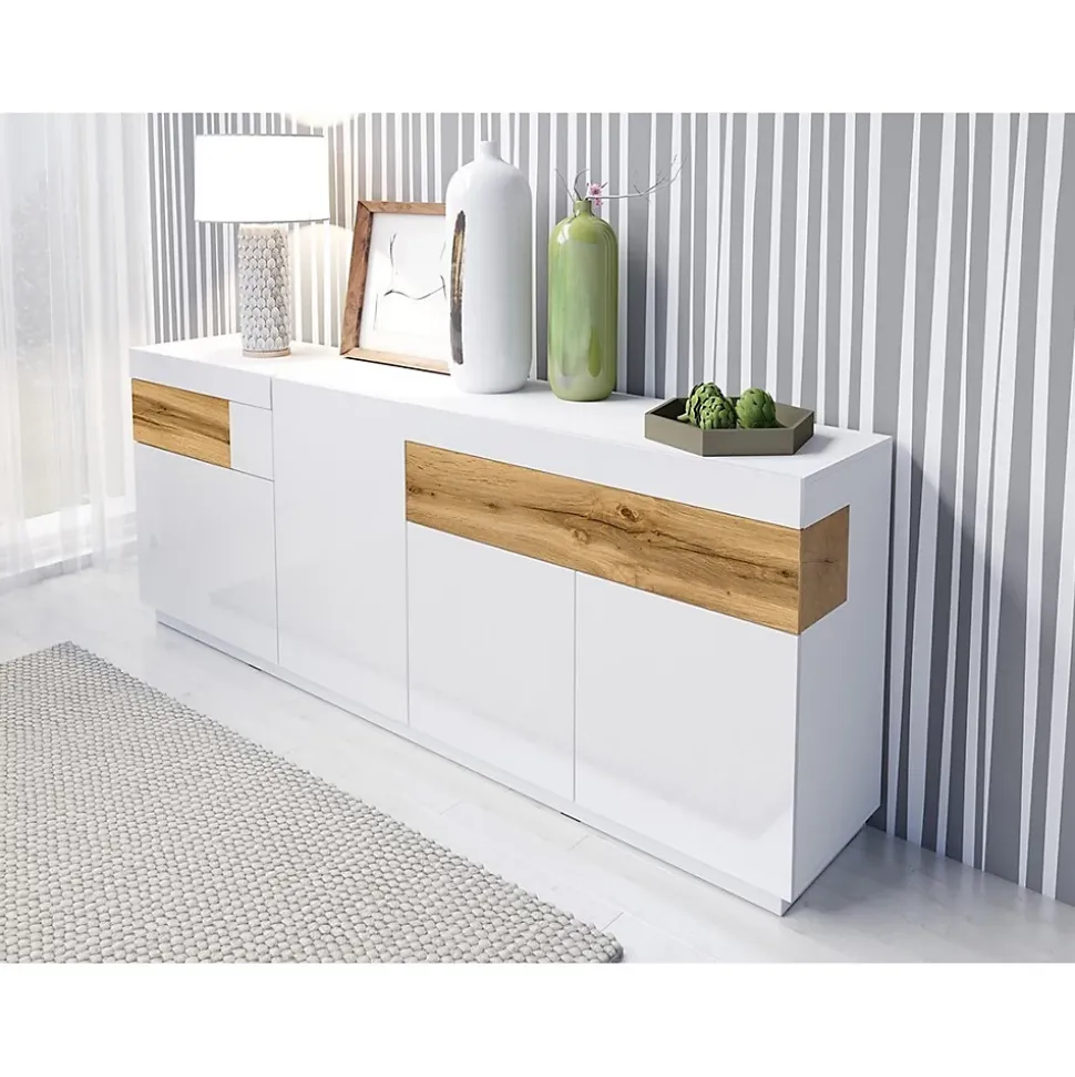 Buffet 3 portes 2 tiroirs KILES Blanc et chene Design moderne spacieux