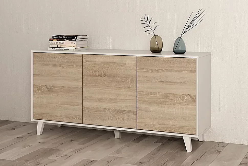 Buffet 3 portes 154 x 41 x 75 cm chêne canadian-blanc brillant