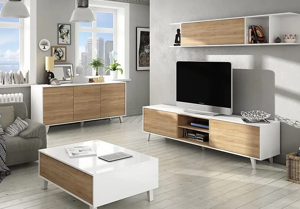 Buffet 3 portes 154 x 41 x 75 cm chêne canadian-blanc brillant