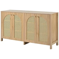 Buffet 4 Portes en Bois avec Cannage et Poignées Métal - Style Scandinave - Rangement Salon - Couleur Naturelle - 145x40x80 cm
