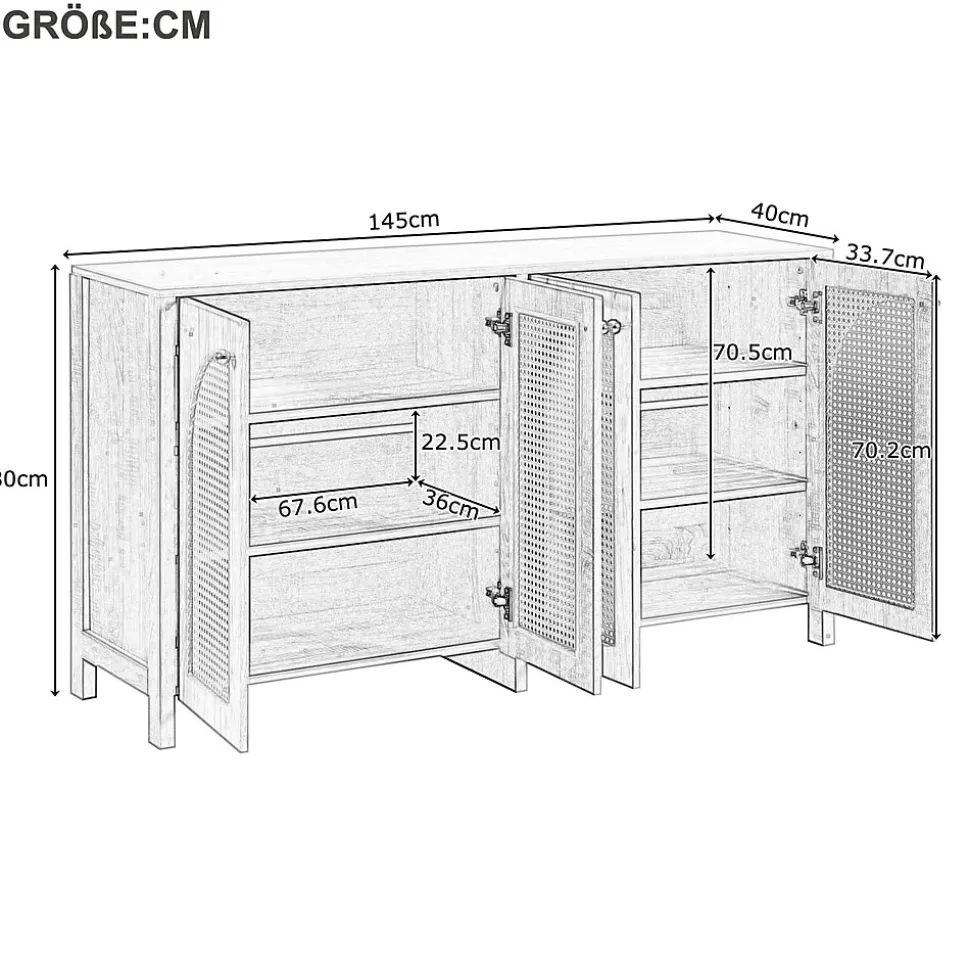 Buffet 4 Portes en Bois avec Cannage et Poignées Métal - Style Scandinave - Rangement Salon - Couleur Naturelle - 145x40x80 cm