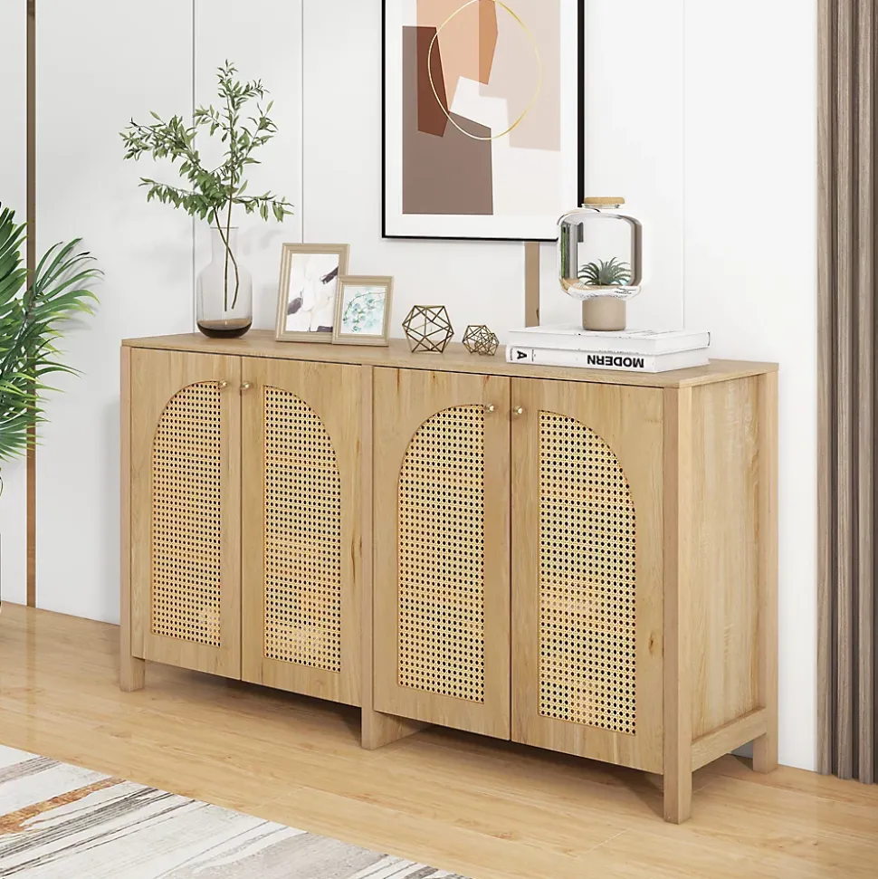Buffet 4 Portes en Bois avec Cannage et Poignées Métal - Style Scandinave - Rangement Salon - Couleur Naturelle - 145x40x80 cm