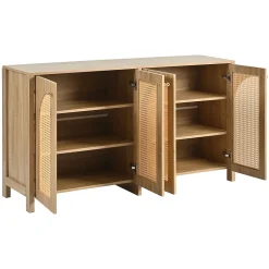 Buffet 4 Portes en Bois avec Cannage et Poignées Métal - Style Scandinave - Rangement Salon - Couleur Naturelle - 145x40x80 cm