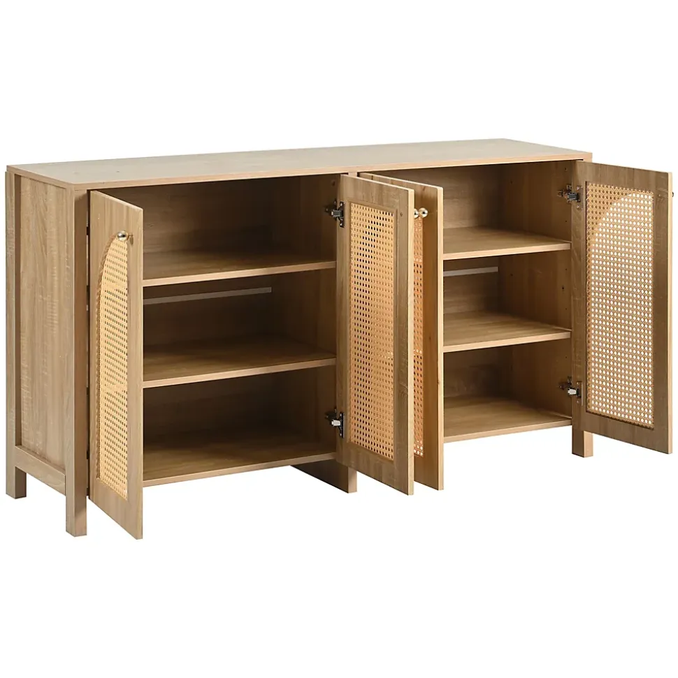Buffet 4 Portes en Bois avec Cannage et Poignées Métal - Style Scandinave - Rangement Salon - Couleur Naturelle - 145x40x80 cm