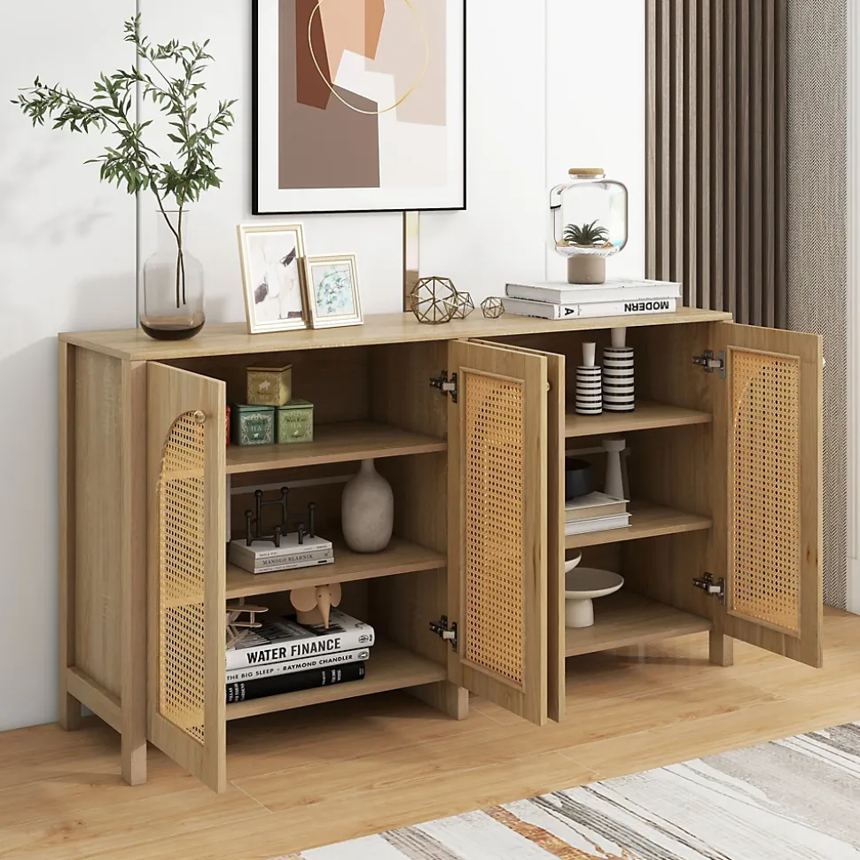 Buffet 4 Portes en Bois avec Cannage et Poignées Métal - Style Scandinave - Rangement Salon - Couleur Naturelle - 145x40x80 cm
