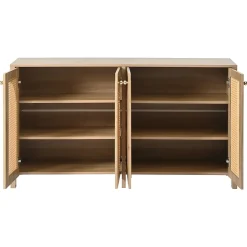 Buffet 4 Portes en Bois avec Cannage et Poignées Métal - Style Scandinave - Rangement Salon - Couleur Naturelle - 145x40x80 cm