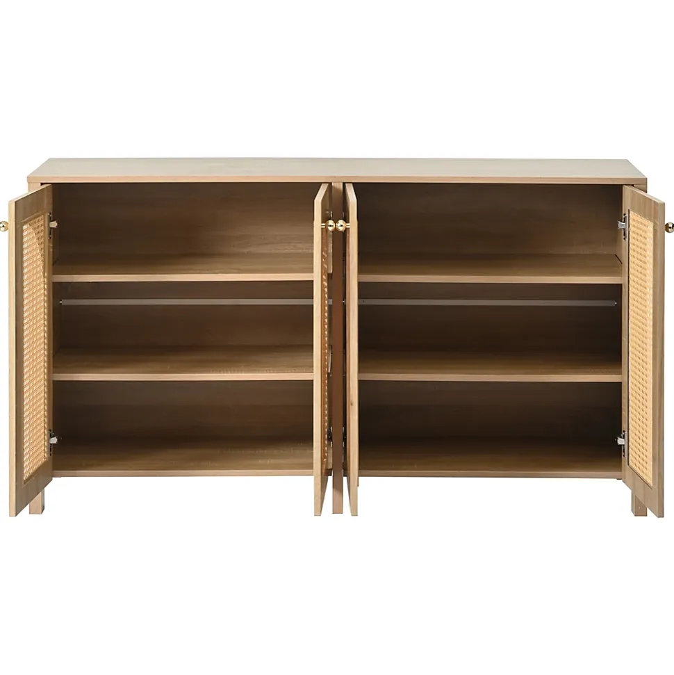 Buffet 4 Portes en Bois avec Cannage et Poignées Métal - Style Scandinave - Rangement Salon - Couleur Naturelle - 145x40x80 cm