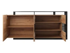 Buffet 4 portes et 4 niches avec LEDs - Naturel clair et Anthracite - IDESIA