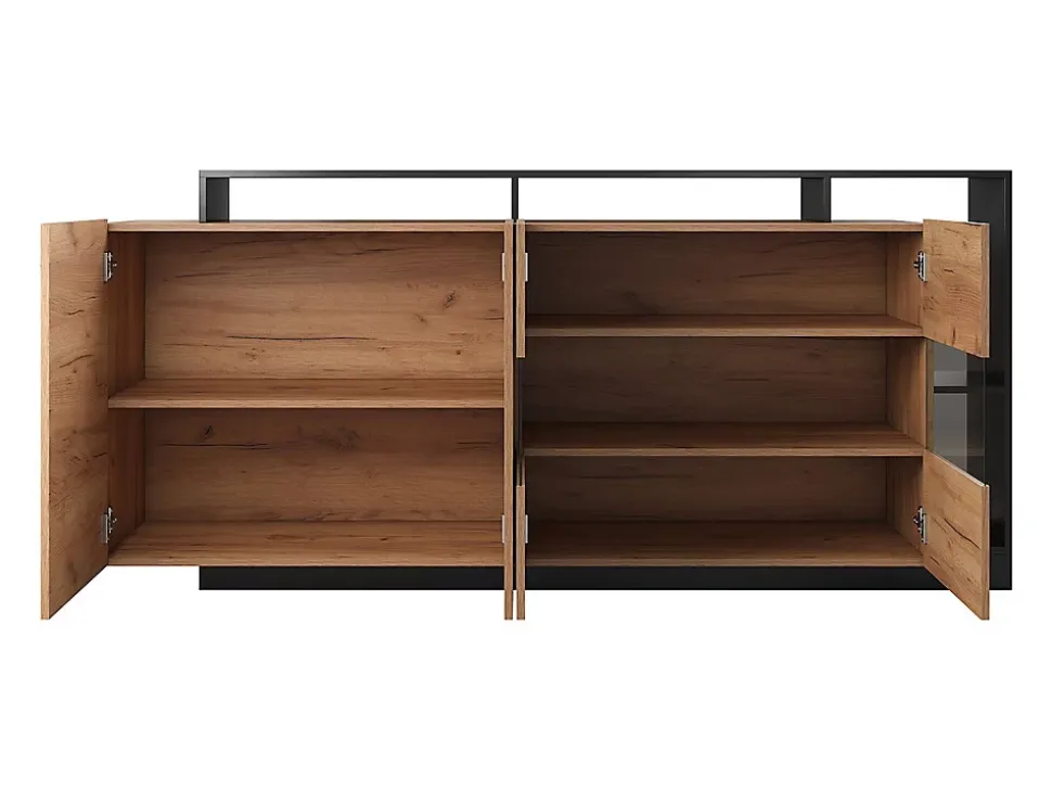 Buffet 4 portes et 4 niches avec LEDs - Naturel clair et Anthracite - IDESIA