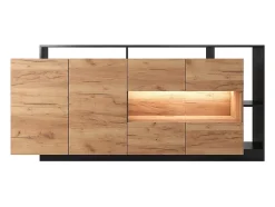 Buffet 4 portes et 4 niches avec LEDs - Naturel clair et Anthracite - IDESIA