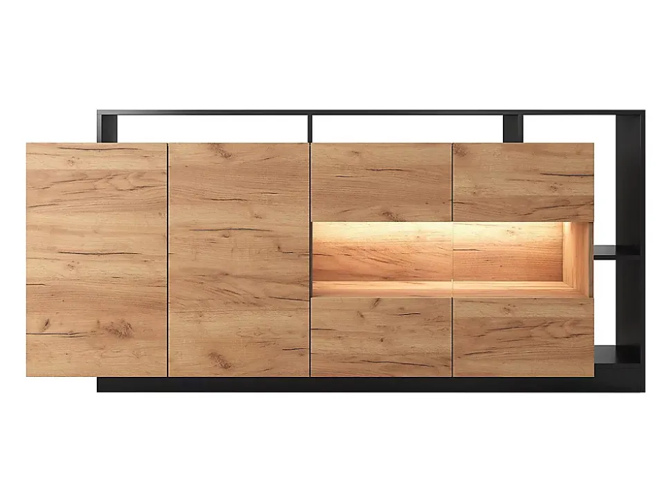 Buffet 4 portes et 4 niches avec LEDs - Naturel clair et Anthracite - IDESIA