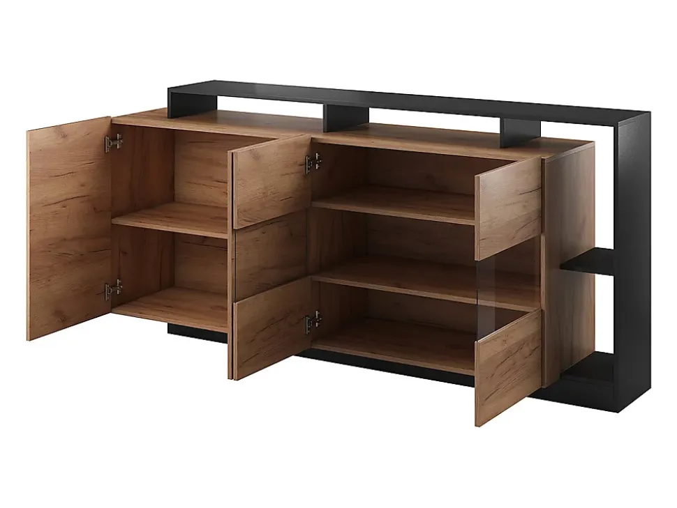 Buffet 4 portes et 4 niches avec LEDs - Naturel clair et Anthracite - IDESIA