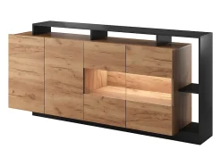 Buffet 4 portes et 4 niches avec LEDs - Naturel clair et Anthracite - IDESIA