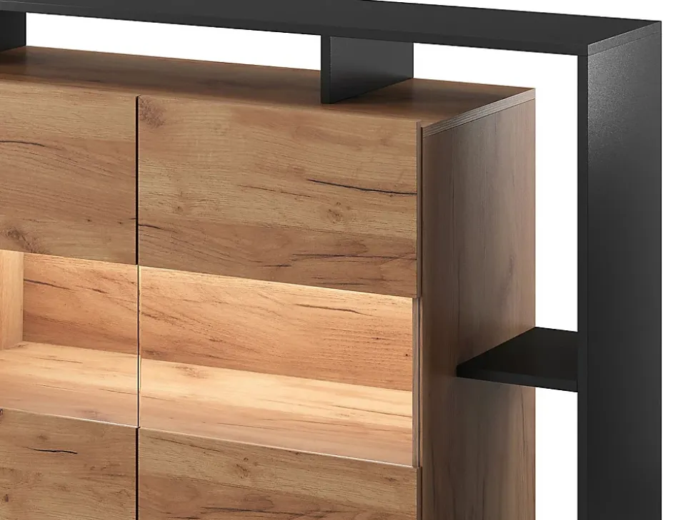 Buffet 4 portes et 4 niches avec LEDs - Naturel clair et Anthracite - IDESIA