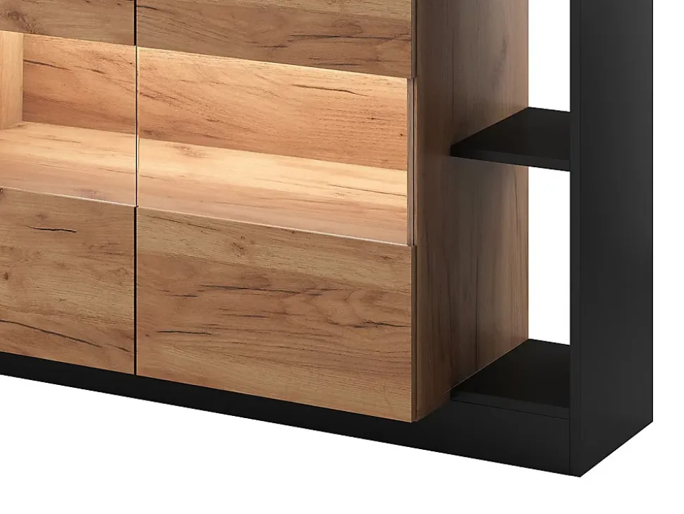 Buffet 4 portes et 4 niches avec LEDs - Naturel clair et Anthracite - IDESIA