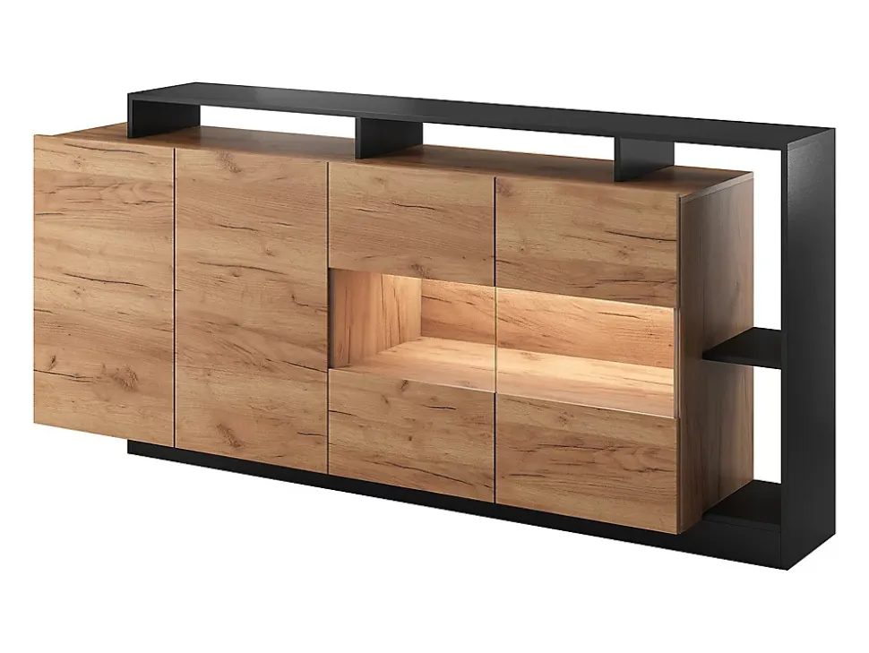 Buffet 4 portes et 4 niches avec LEDs - Naturel clair et Anthracite - IDESIA