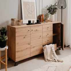 Buffet 3 portes et 4 tiroirs décor chêne artisan L160 cm - LUBLIN