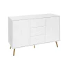 Buffet 3 Tiroirs 2 Portes avec Motif Losange et Pieds Dorés, Commode Élégante pour Salon, Chambre ou Couloir, Blanc, 120x40x80 cm