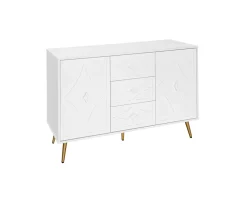 Buffet 3 Tiroirs 2 Portes avec Motif Losange et Pieds Dorés, Commode Élégante pour Salon, Chambre ou Couloir, Blanc, 120x40x80 cm