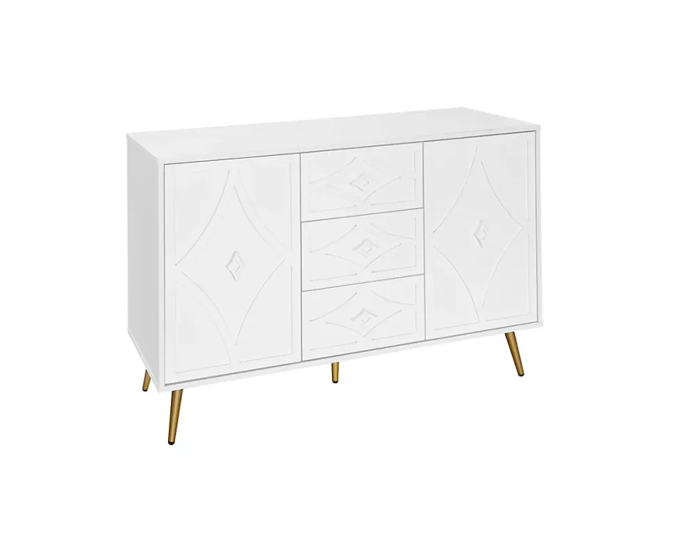 Buffet 3 Tiroirs 2 Portes avec Motif Losange et Pieds Dorés, Commode Élégante pour Salon, Chambre ou Couloir, Blanc, 120x40x80 cm