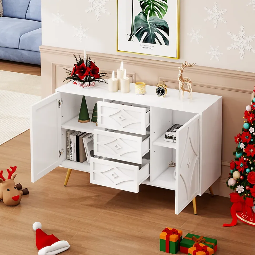 Buffet 3 Tiroirs 2 Portes avec Motif Losange et Pieds Dorés, Commode Élégante pour Salon, Chambre ou Couloir, Blanc, 120x40x80 cm