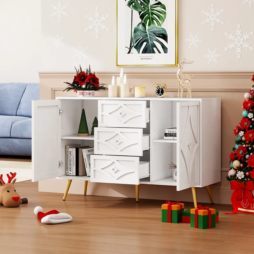 Buffet 3 Tiroirs 2 Portes avec Motif Losange et Pieds Dorés, Commode Élégante pour Salon, Chambre ou Couloir, Blanc, 120x40x80 cm