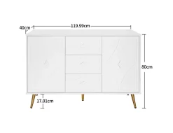 Buffet 3 Tiroirs 2 Portes avec Motif Losange et Pieds Dorés, Commode Élégante pour Salon, Chambre ou Couloir, Blanc, 120x40x80 cm