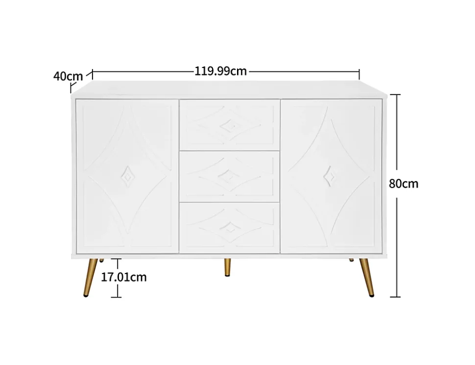 Buffet 3 Tiroirs 2 Portes avec Motif Losange et Pieds Dorés, Commode Élégante pour Salon, Chambre ou Couloir, Blanc, 120x40x80 cm