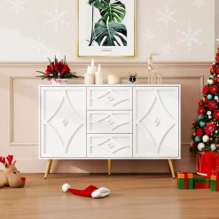 Buffet 3 Tiroirs 2 Portes avec Motif Losange et Pieds Dorés, Commode Élégante pour Salon, Chambre ou Couloir, Blanc, 120x40x80 cm
