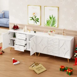 Buffet 3 Tiroirs 2 Portes avec Motif Losange et Pieds Dorés, Commode Élégante pour Salon, Chambre ou Couloir, Blanc, 120x40x80 cm