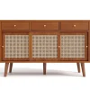 Buffet 3 Tiroirs 3 Portes Rotin Pieds Bois Noyer 120x40x78cm Blackcolors