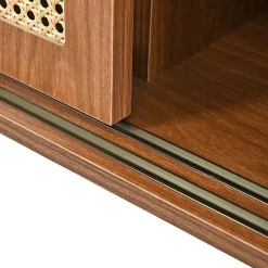 Buffet 3 Tiroirs 3 Portes Rotin Pieds Bois Noyer 120x40x78cm Blackcolors