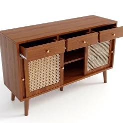 Buffet 3 Tiroirs 3 Portes Rotin Pieds Bois Noyer 120x40x78cm Blackcolors
