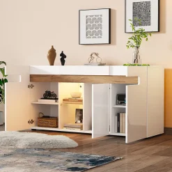 Buffet avec 3 Placards et Éclairage LED Contrôlable par Application, Panneau de Particules, 140x40x70 cm - Blanc et Effet Bois