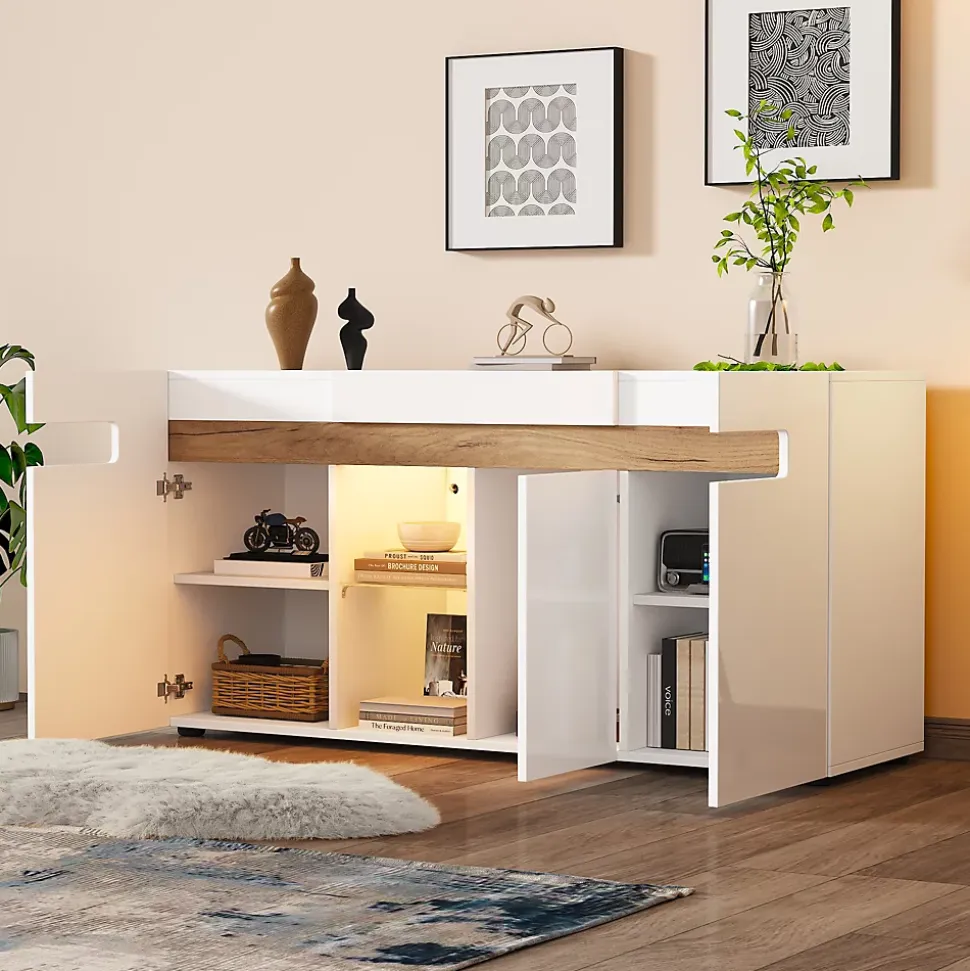 Buffet avec 3 Placards et Éclairage LED Contrôlable par Application, Panneau de Particules, 140x40x70 cm - Blanc et Effet Bois