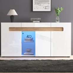 Buffet avec 3 Placards et Éclairage LED Contrôlable par Application, Panneau de Particules, 140x40x70 cm - Blanc et Effet Bois