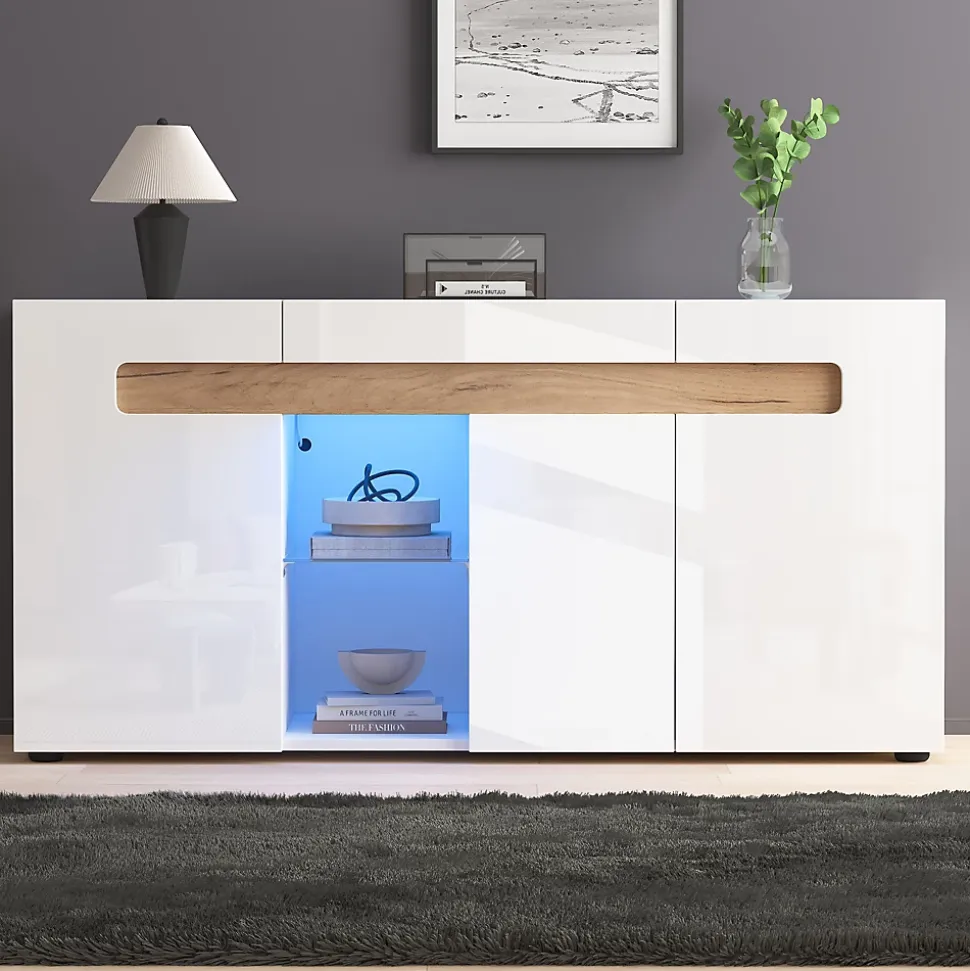 Buffet avec 3 Placards et Éclairage LED Contrôlable par Application, Panneau de Particules, 140x40x70 cm - Blanc et Effet Bois