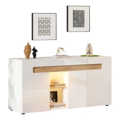 Buffet avec 3 Placards et Éclairage LED Contrôlable par Application, Panneau de Particules, 140x40x70 cm - Blanc et Effet Bois