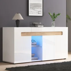 Buffet avec 3 Placards et Éclairage LED Contrôlable par Application, Panneau de Particules, 140x40x70 cm - Blanc et Effet Bois