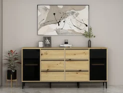 Buffet avec 2 portes en verre trempé et 6 tiroirs - Naturel et noir - MOLINIA