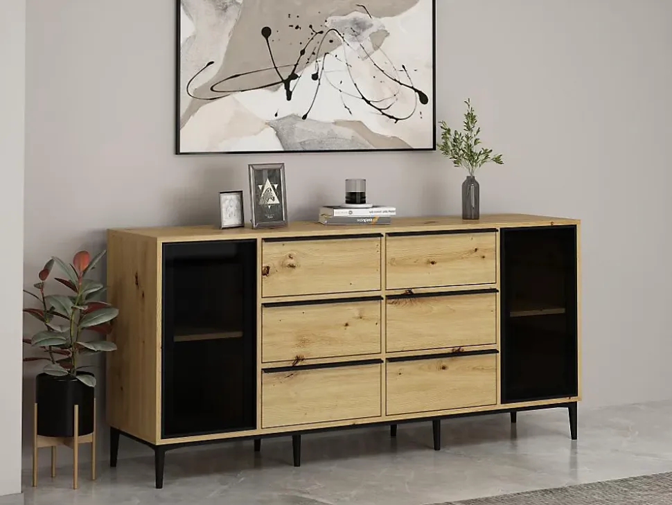 Buffet avec 2 portes en verre trempé et 6 tiroirs - Naturel et noir - MOLINIA